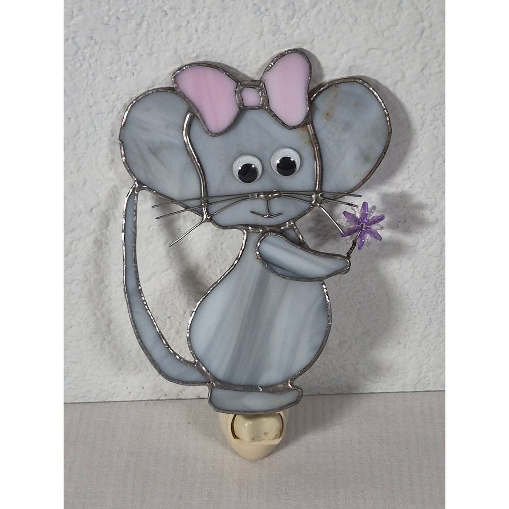 Vintage Stained Glass Mouse Night Light Gray Pink Bow Purple Flower Handmade